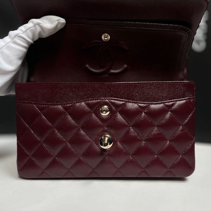 Chanel Small Classic Double Flap Caviar Burgundy Light Gold Hardware 2021