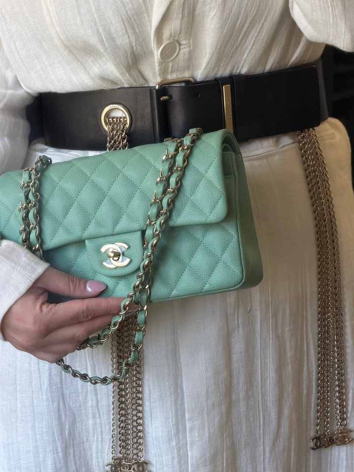 Chanel Small Classic Double Flap Caviar Green Light Gold Hardware 2023