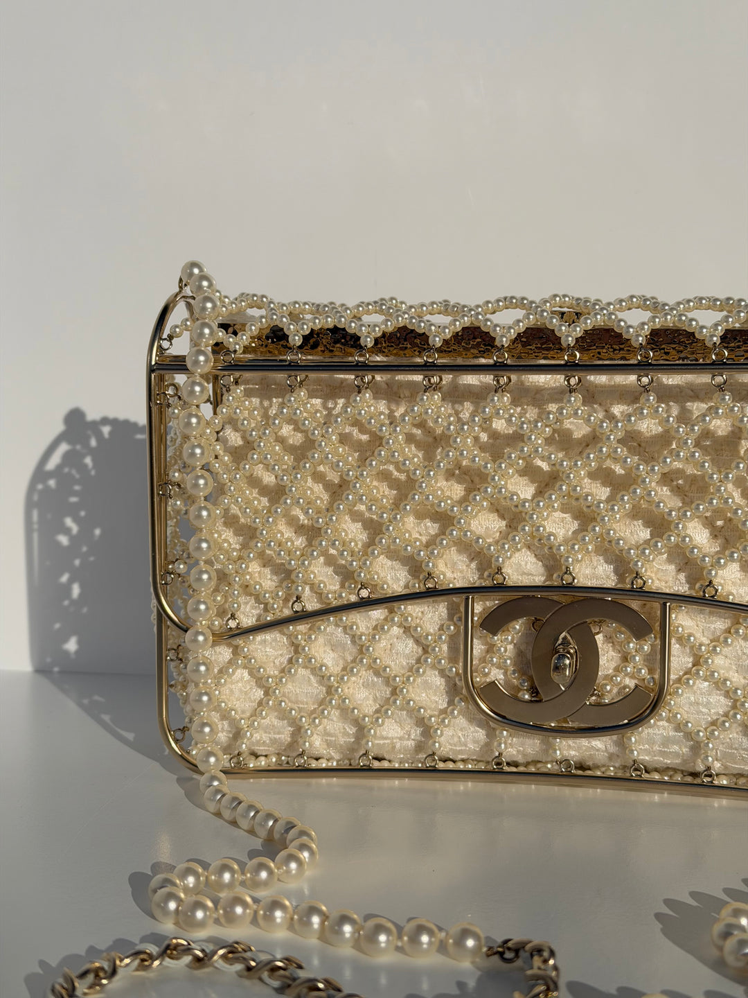 Chanel 2014 Pearl Embellished Caged Flap Minaudière Bag