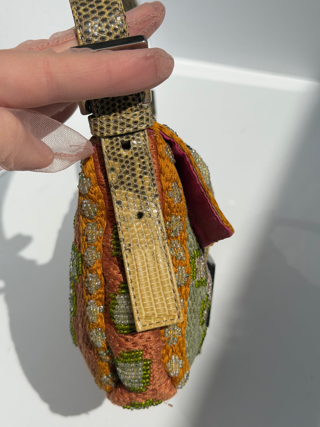 Fendi Multicolor Orange Beaded Baguette Lizard Trim Silver Hardware