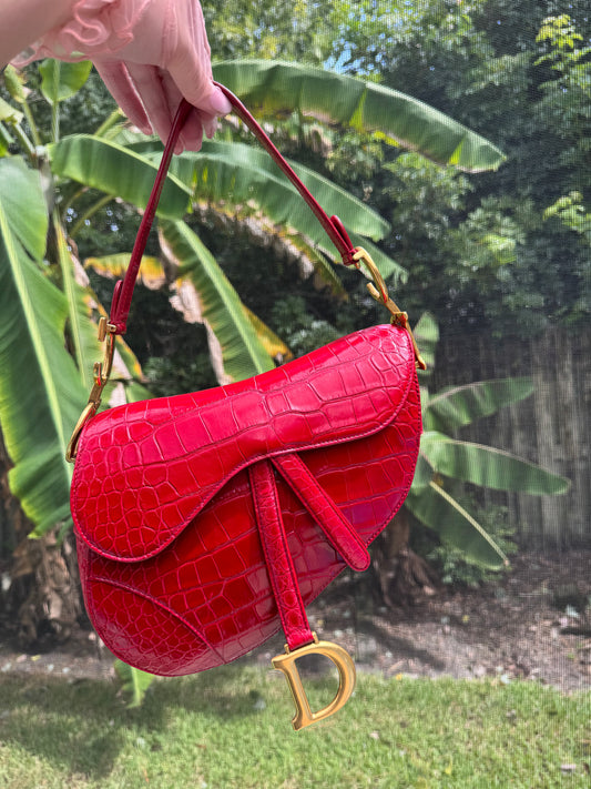 Christian Dior Medium Red Alligator Saddle