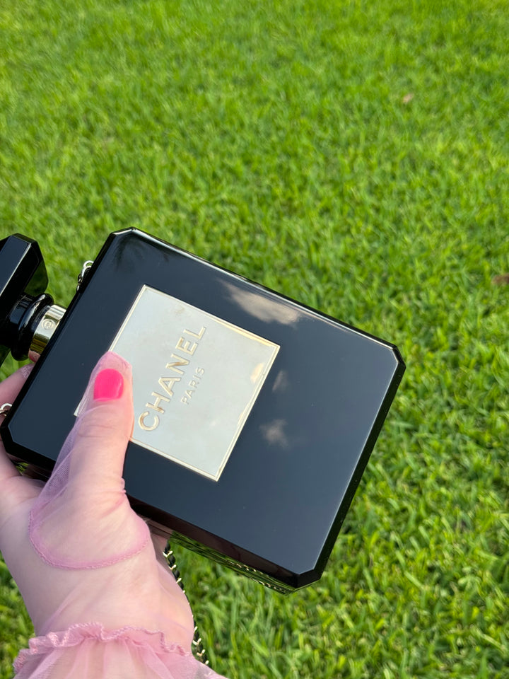 Chanel Black Acrylic Plexiglass Perfume Bottle Minaudière