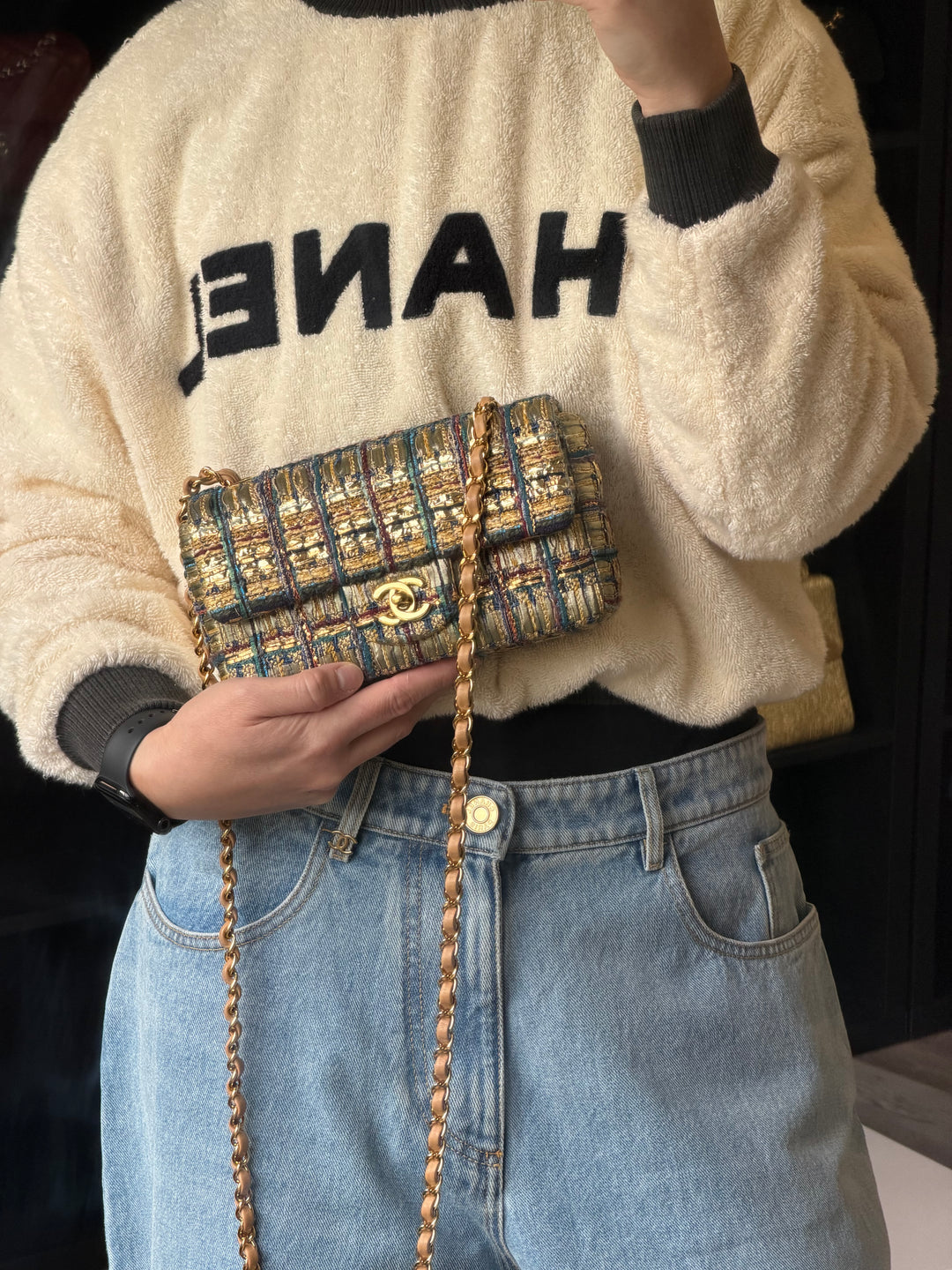 Chanel 19A Egyptian Mini Rectangular Flap Multicolor Tweed with Gold Hardware 2019