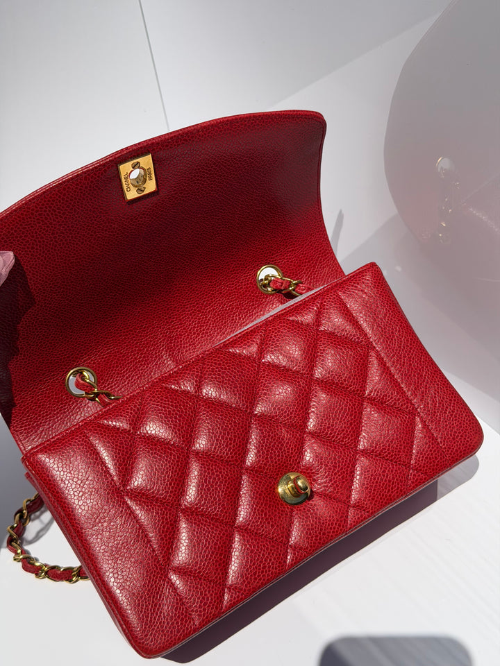 Chanel Small Diana Flap Bag Caviar Red 24K Plated Gold Hardware 1994