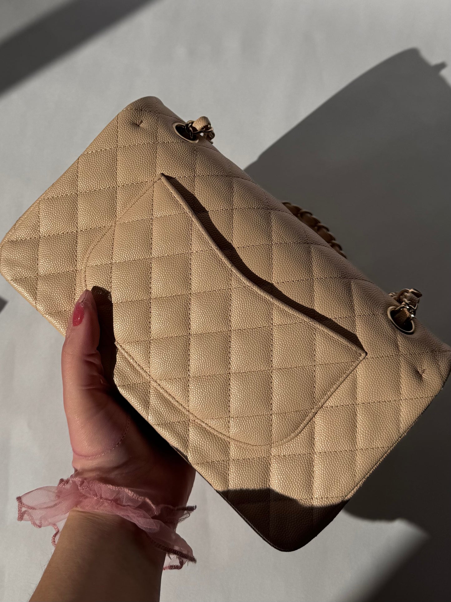 Chanel 22C Light Beige Medium Caviar Double Flap Bag