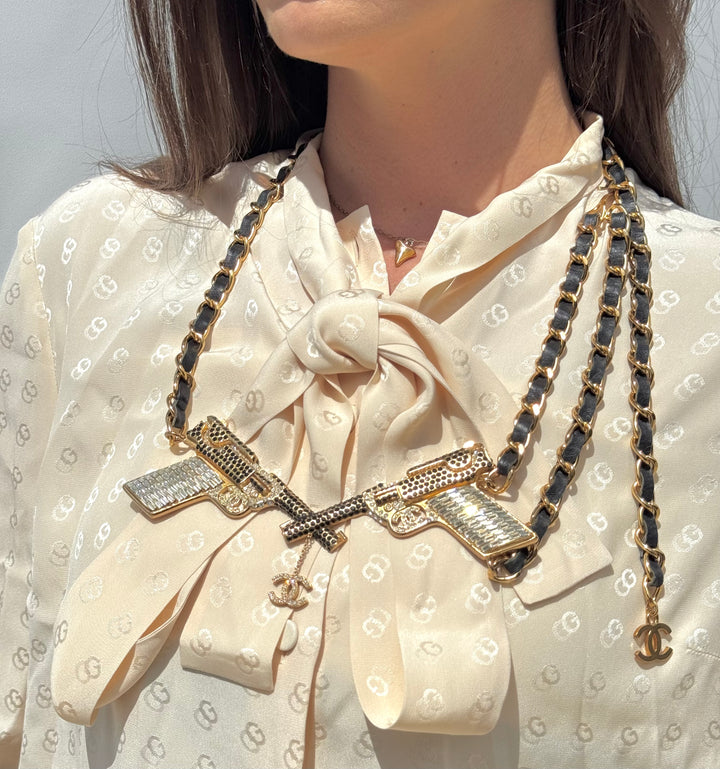 Chanel Runway Pistols Belt Necklace Black Leather Crystal Gold Hardware 2001