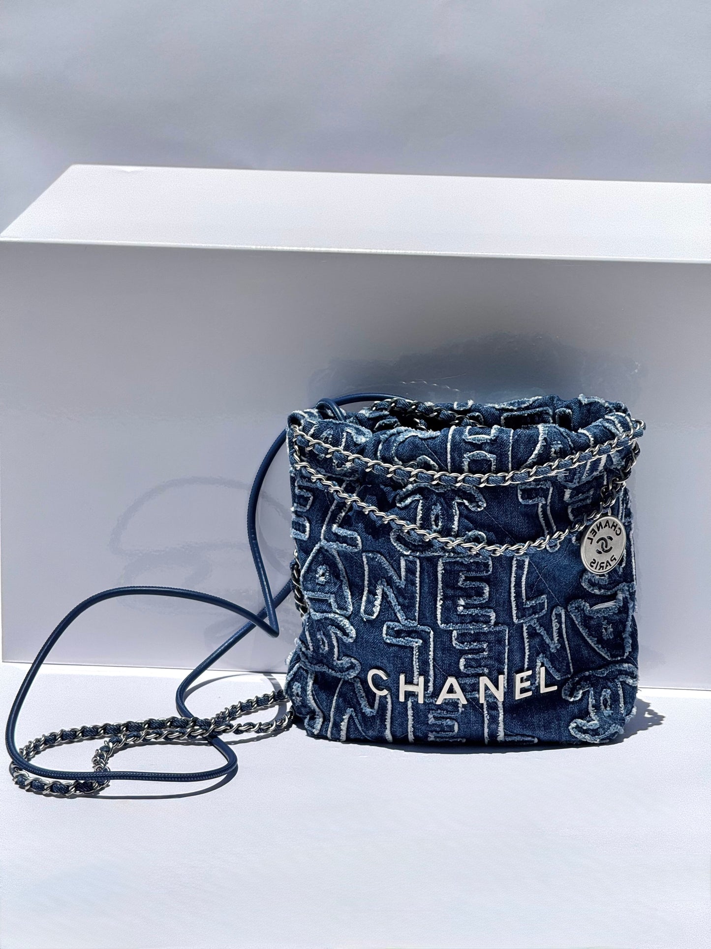 Chanel Blue Washed Denim Mini Logo Embroidered 22