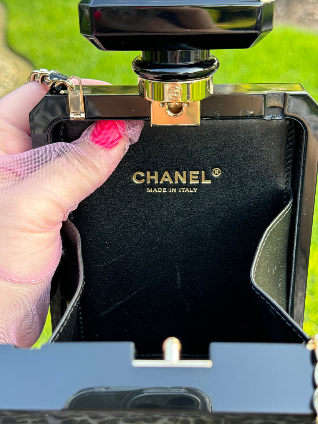 Chanel Black Acrylic Plexiglass Perfume Bottle Minaudière