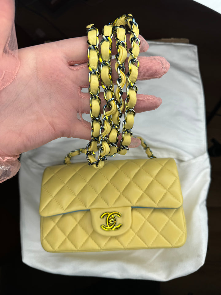 Chanel Yellow Lambskin Mini Flap Bag W Rainbow Hardware