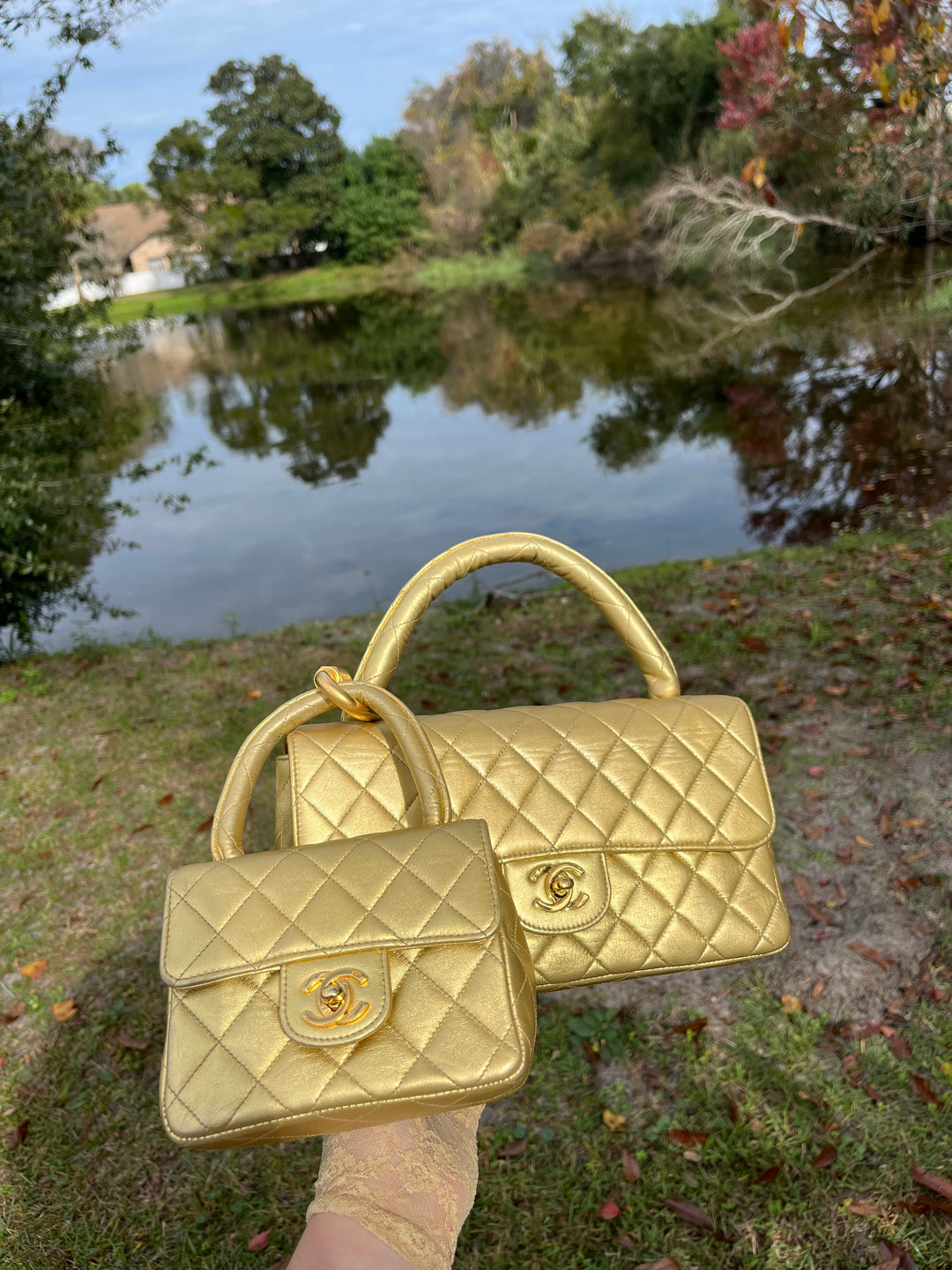 Chanel Vintage Kelly Parent & Child Metallic Lambskin Set