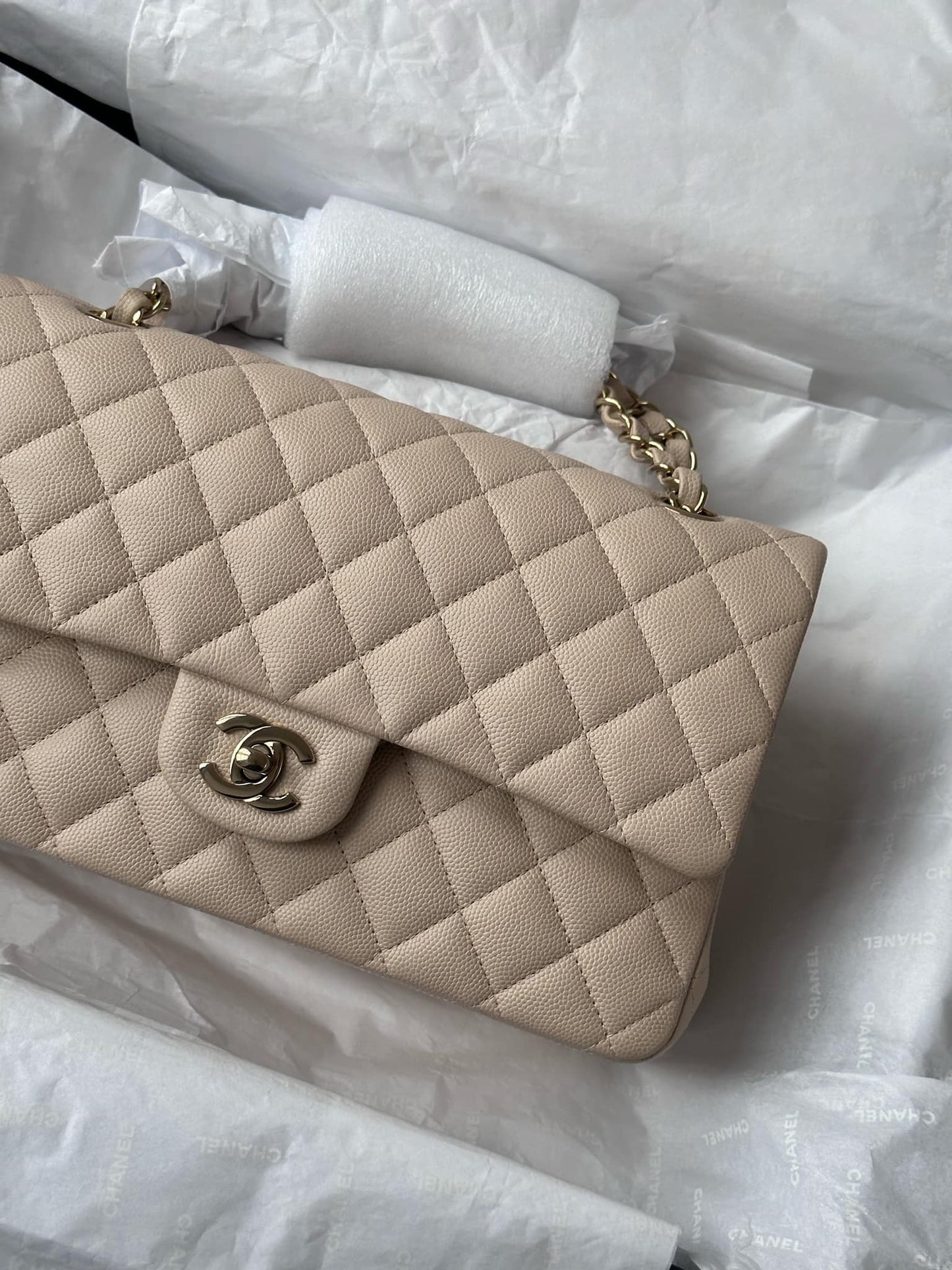 Chanel 23P Ecru Medium Caviar Double Flap Bag