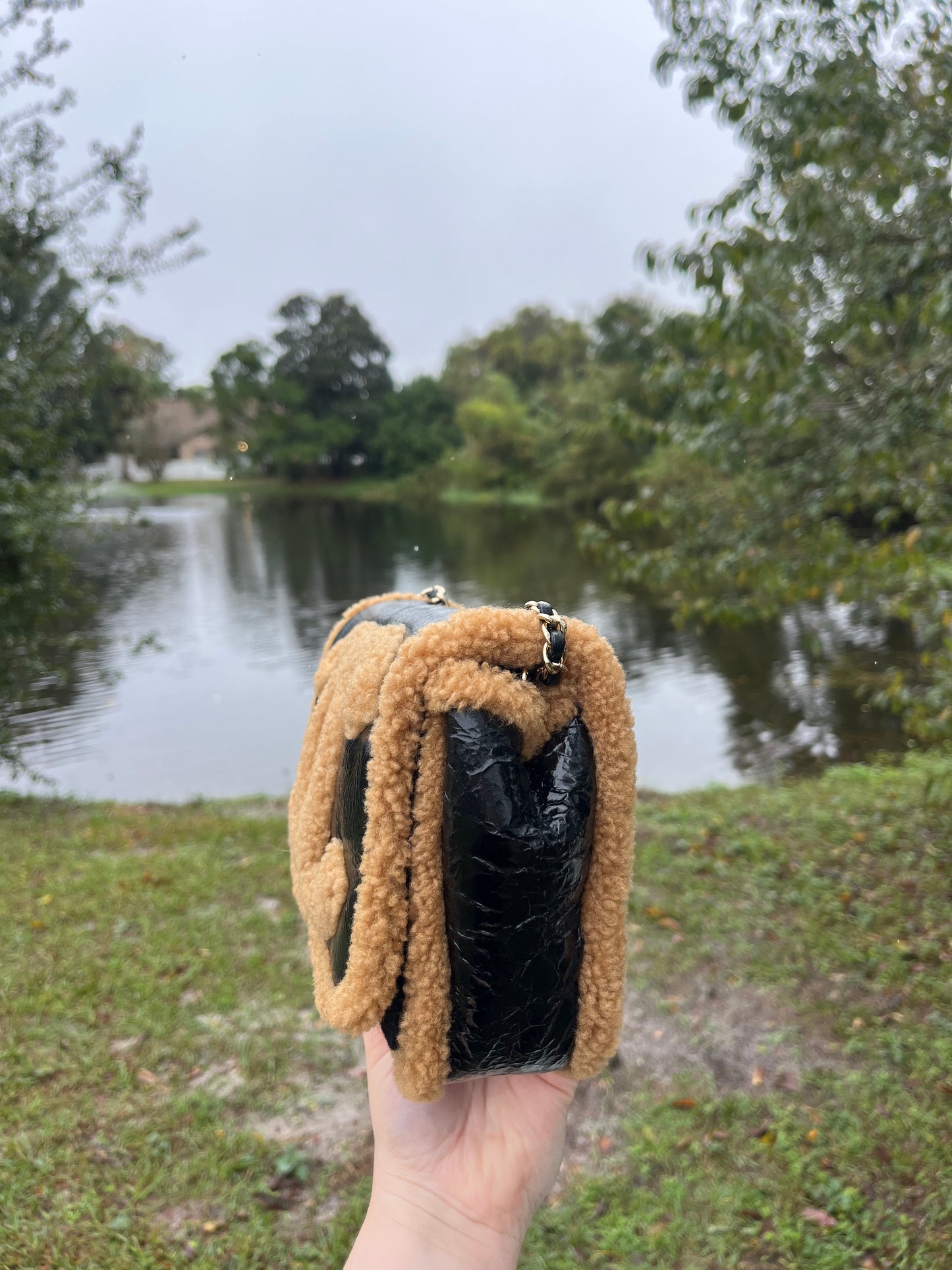 Chanel Tan Shiny Crumpled Sheepskin and Shearling Mania Flap