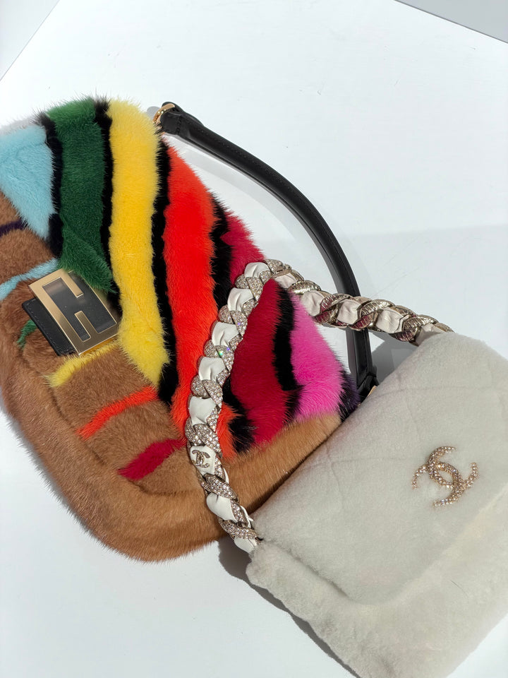 Fendi Baguette Visone Intarsio Arcobaleno Multicolor Mink Fur Gold Hardware 2022