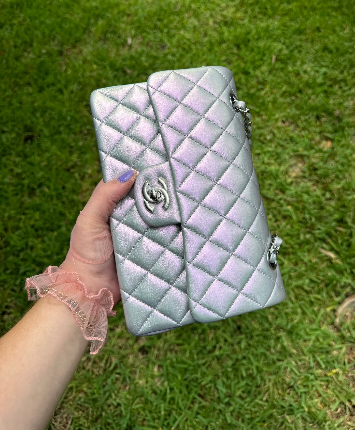 Chanel 21K Small Calfskin Pearl Iridescent Double Flap