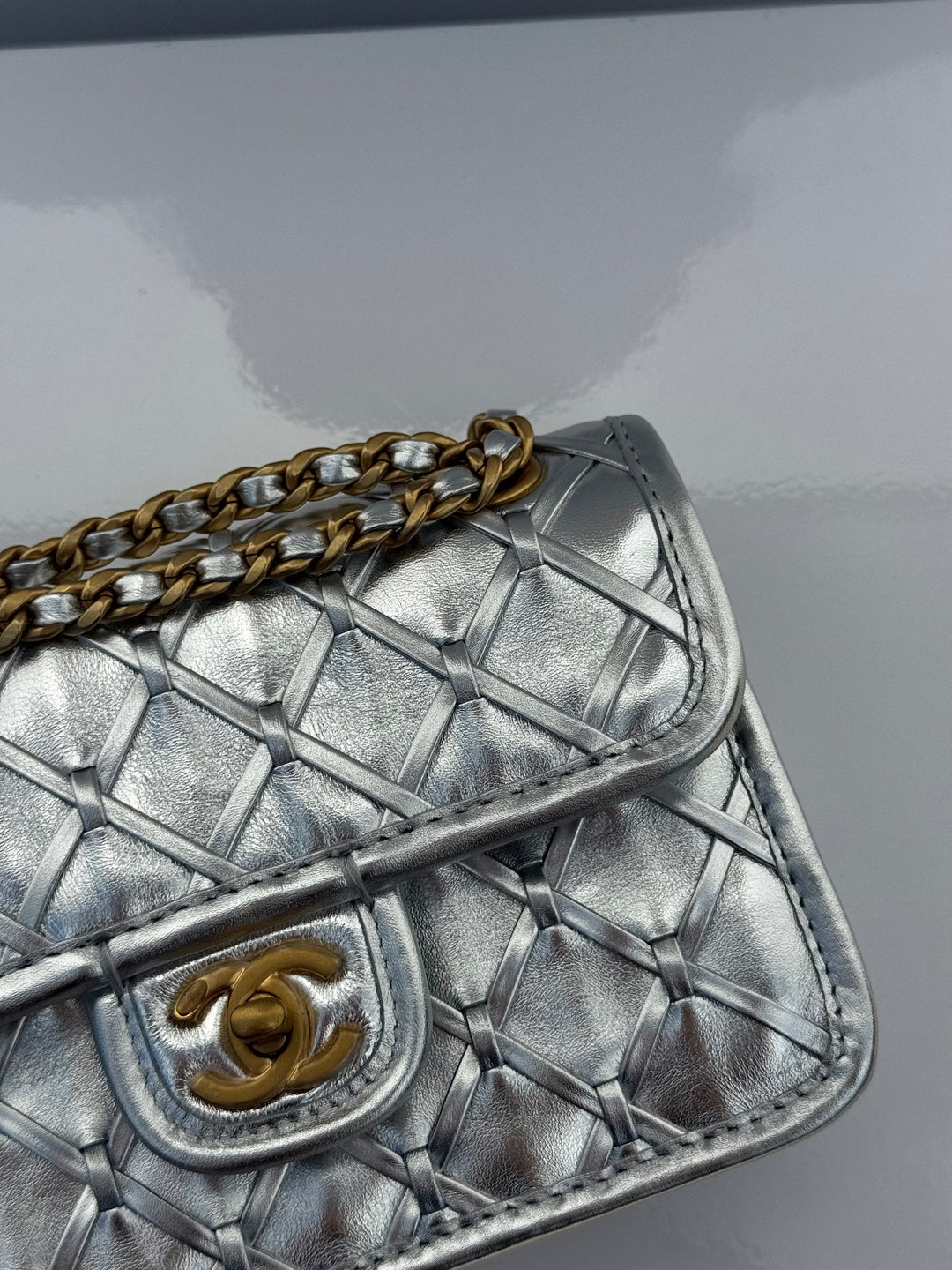 Chanel Silver Metallic Mini Braided Calfskin Flap Bag