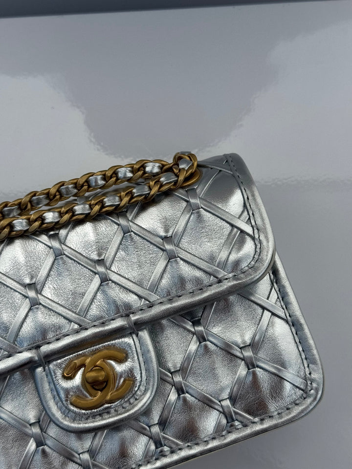 Chanel Silver Metallic Mini Braided Calfskin Flap Bag