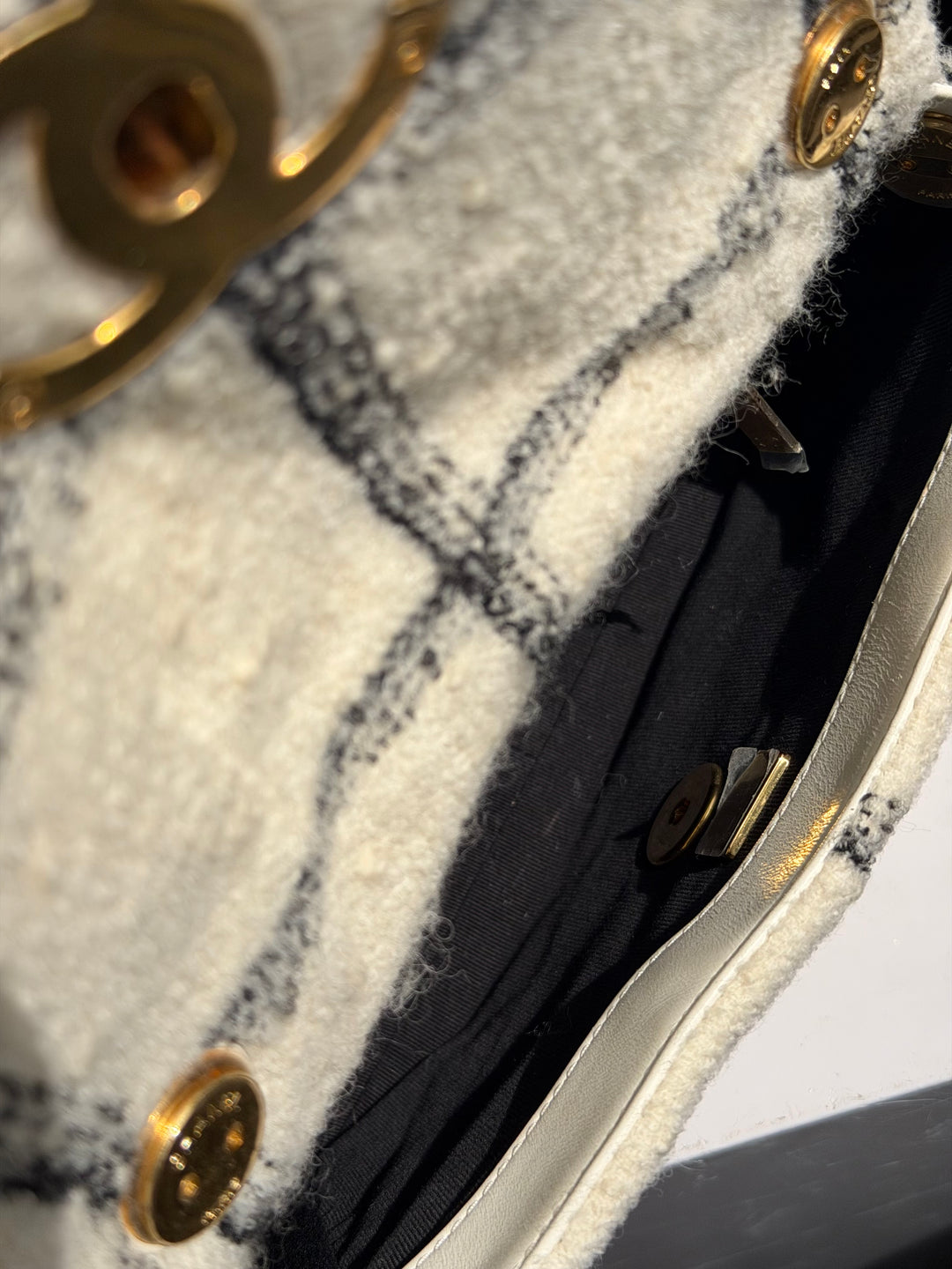 Chanel Small Elegant Chain Flap Wool Tweed White Black Gold Hardware 2022