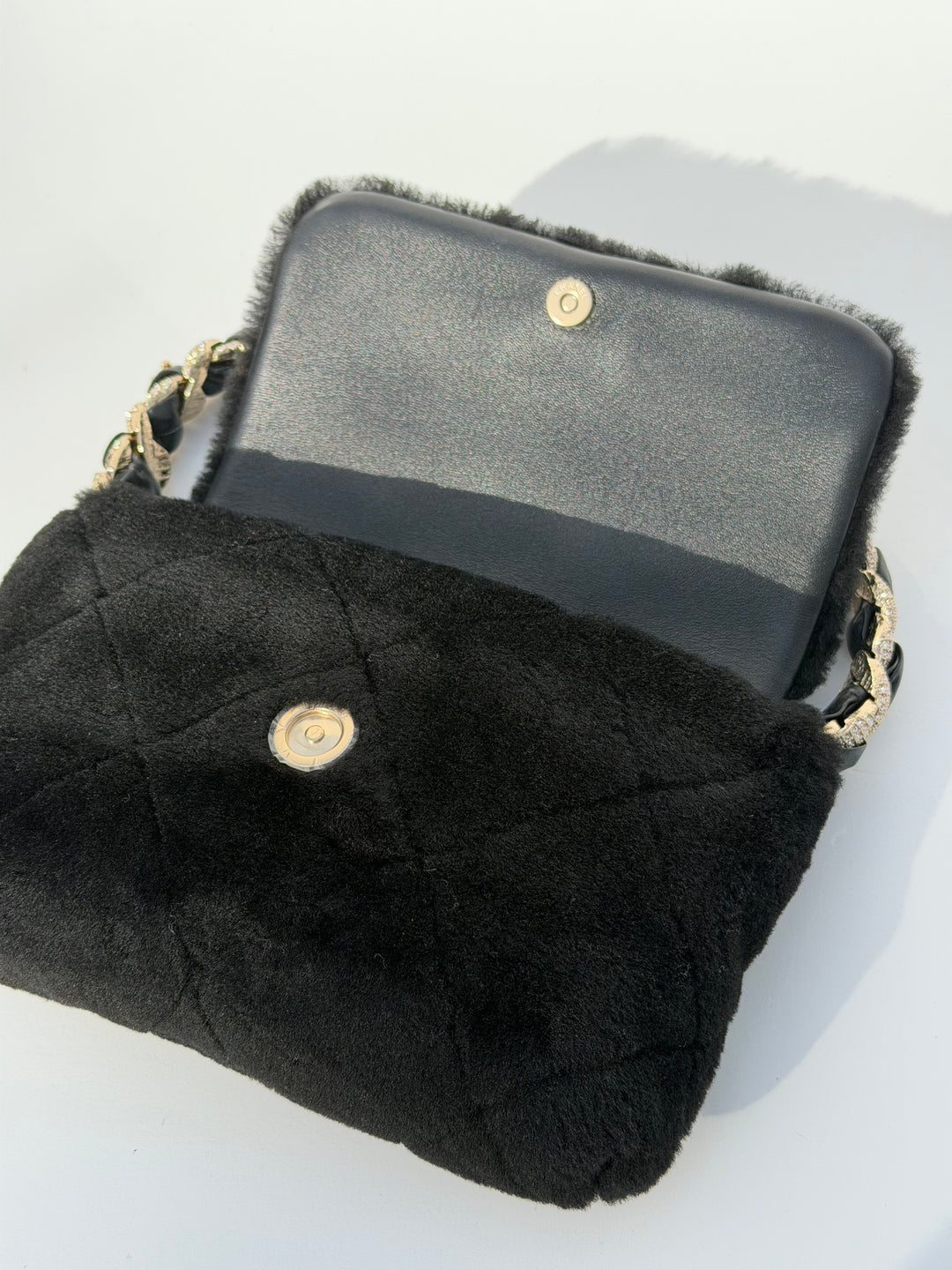 Chanel 2020 Shearling & Strass Black Flap Bag
