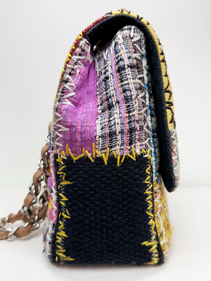 Chanel Jumbo Single Flap Patchwork Multicolor Tweed Silver Hardware 2015