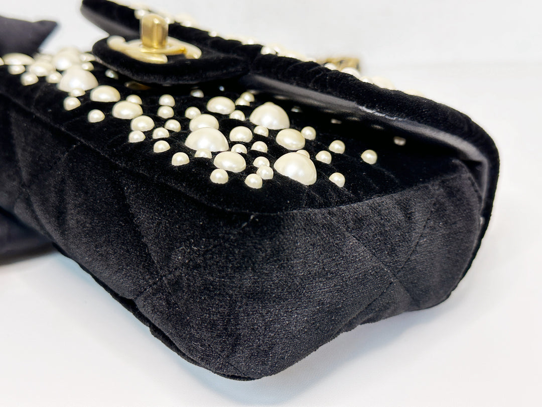 Chanel Black Velvet Mini Pearl Flap Bag