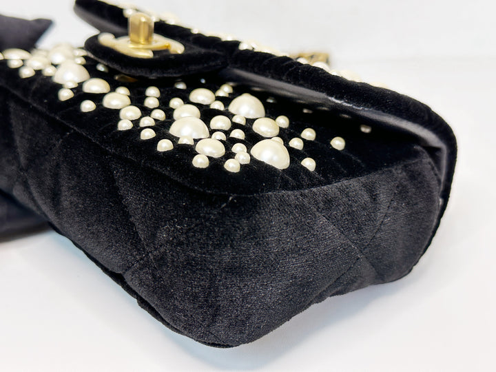 Chanel Black Velvet Mini Pearl Flap Bag
