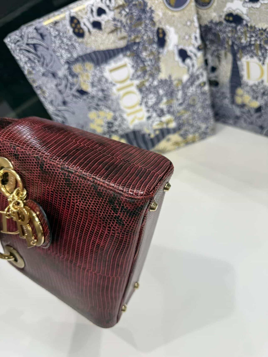 Christian Dior Lady Dior Mini Top Handle Lizard Burgundy Gold Hardware