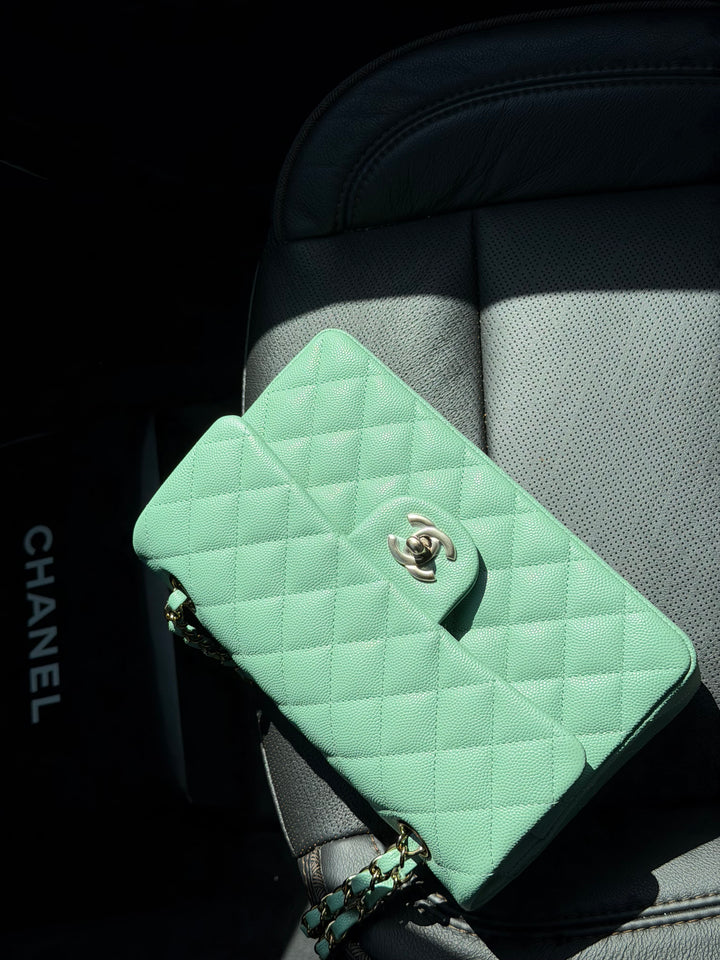 Chanel Small Classic Double Flap Caviar Green Light Gold Hardware 2023