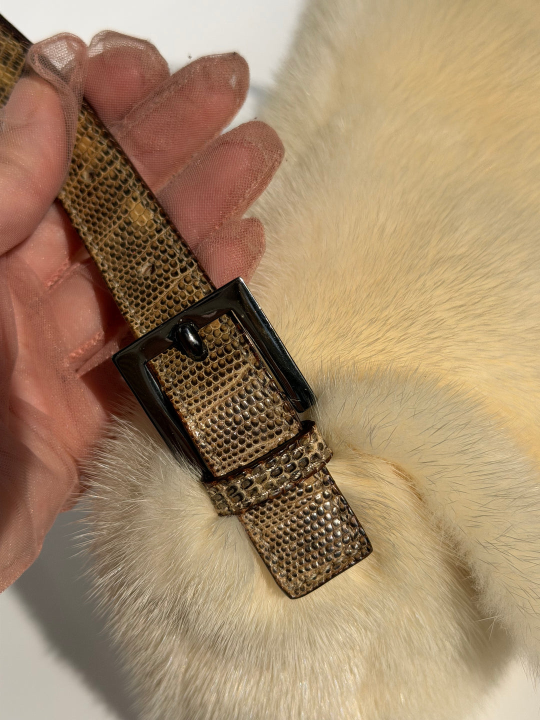 Fendi Crystal Embellished Baguette White Mink Fur Lizard Trim Gold Tone Hardware
