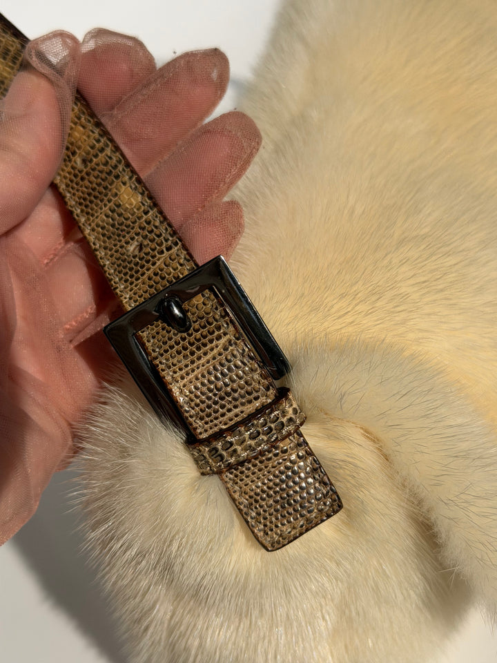 Fendi Crystal Embellished Baguette White Mink Fur Lizard Trim Gold Tone Hardware