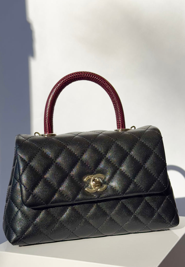 Chanel Small Black Caviar Coco + Burgundy Lizard Top Handle