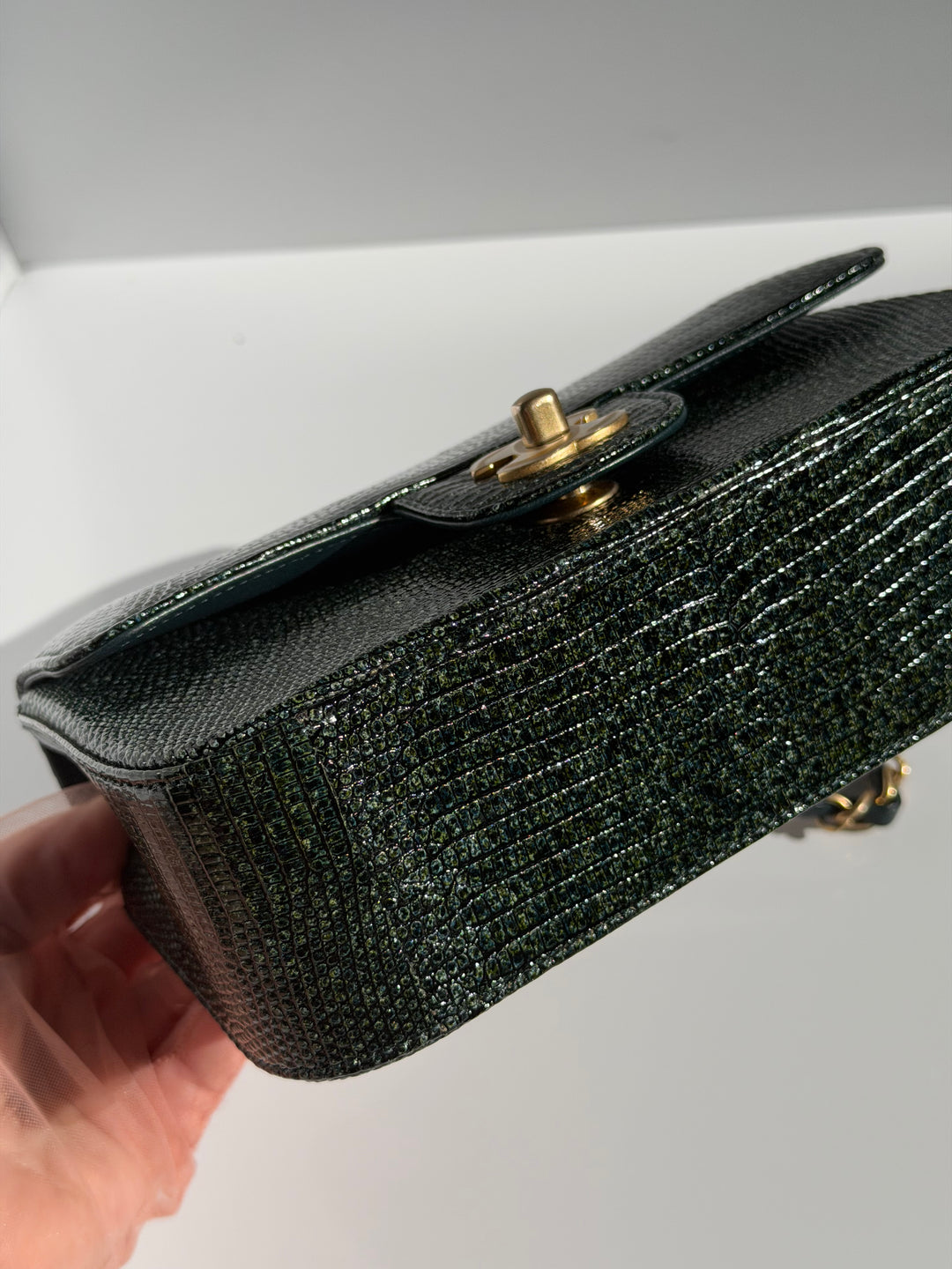 Chanel Mini Flap Green Lizard Brushed Gold Hardware 2018