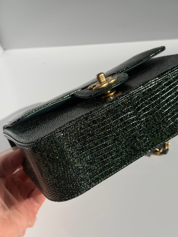Chanel Mini Flap Green Lizard Brushed Gold Hardware 2018