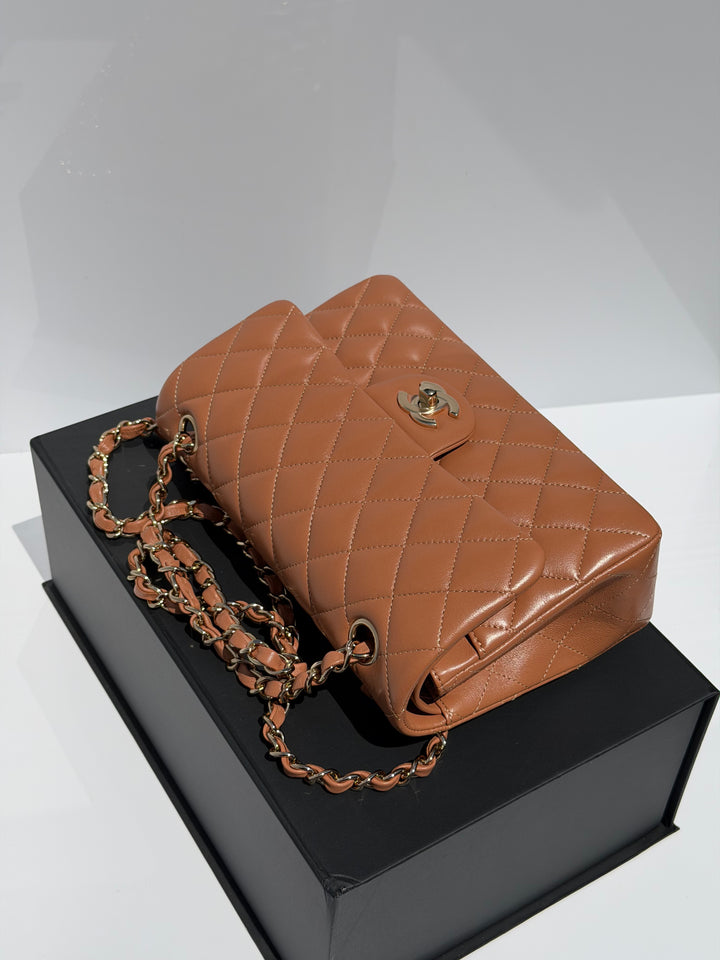 Chanel Small Classic Flap Bag Lambskin Caramel Light Gold Hardware 2022