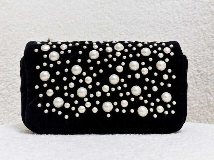 Chanel Black Velvet Mini Pearl Flap Bag