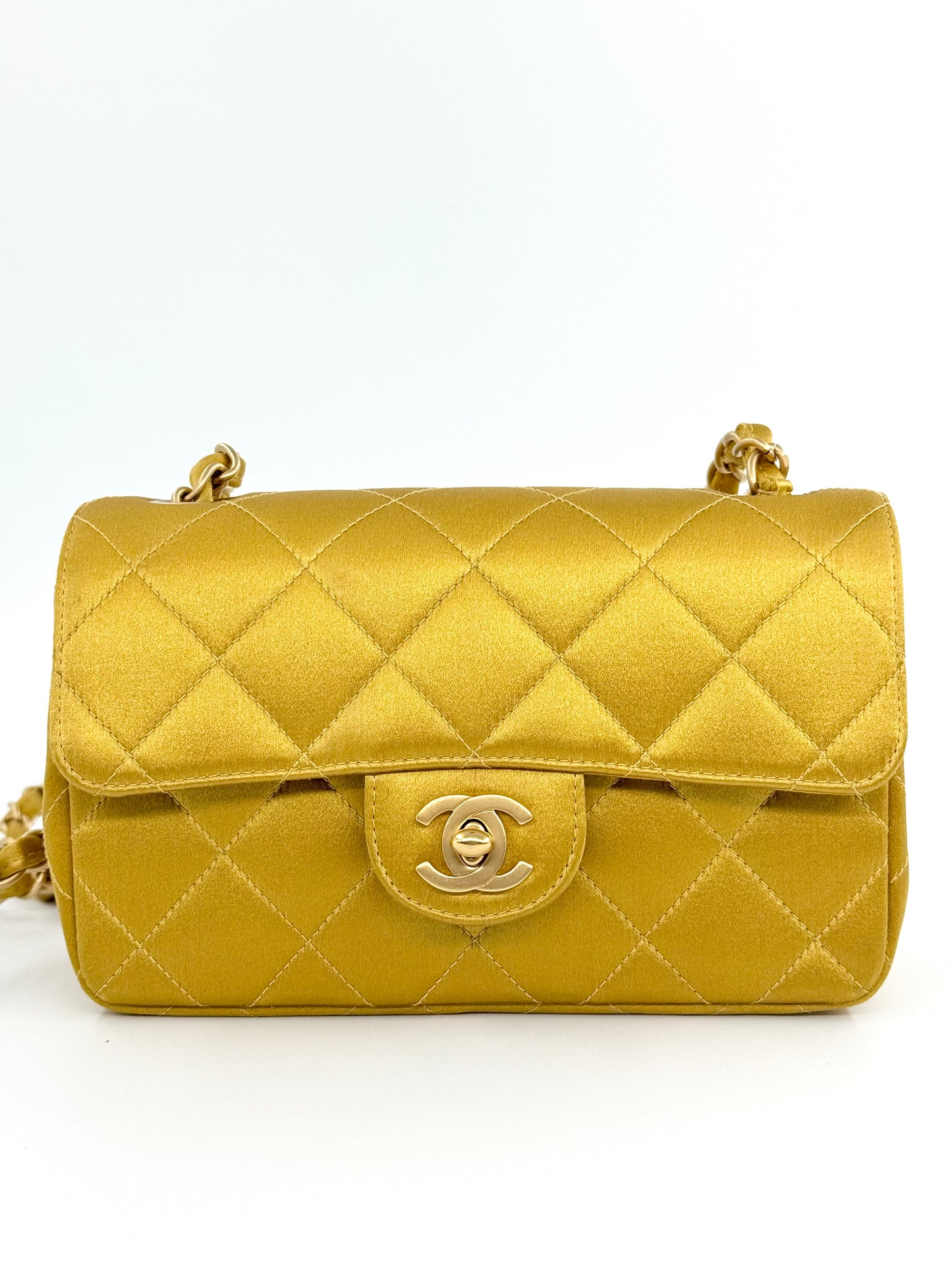 Chanel Gold Satin Mini Rectangle Flap