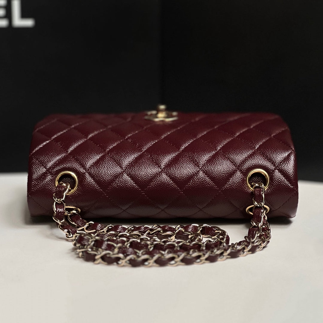 Chanel Small Classic Double Flap Caviar Burgundy Light Gold Hardware 2021