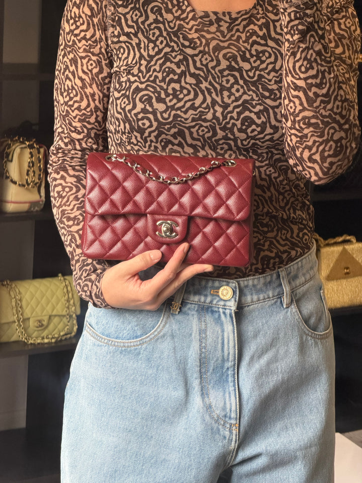 Chanel Small Classic Double Flap Caviar Burgundy Silver Hardware 2020