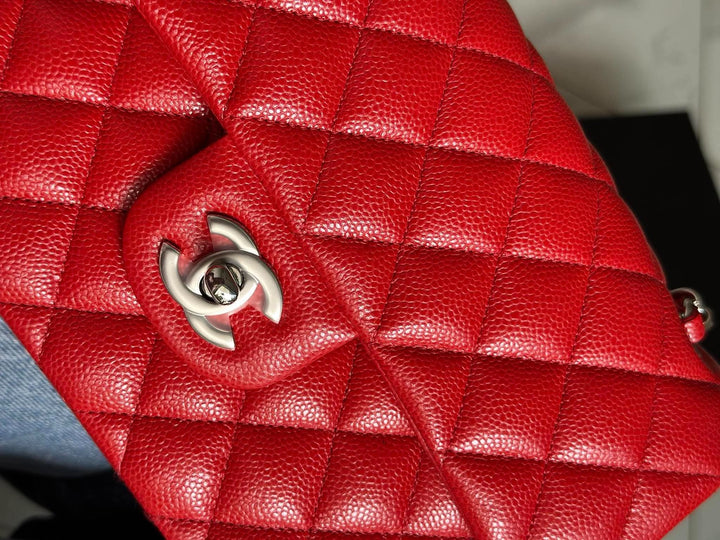 Chanel Small Classic Double Flap Caviar Red Silver Hardware 2020
