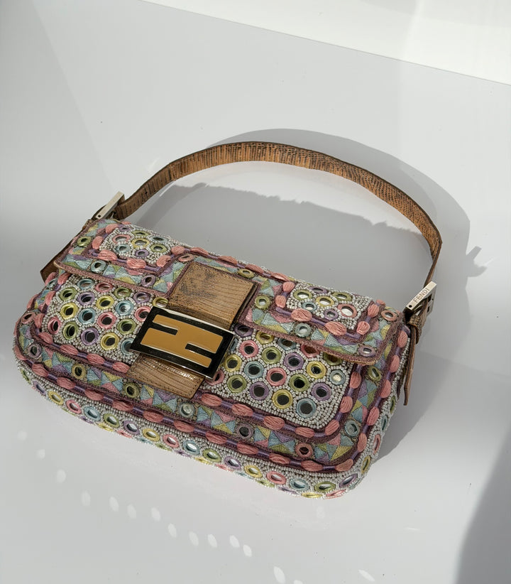 Fendi Baguette Mirror Specchietti Bag Multicolor Silk Embroidery & Beading Lizard Trim 2009