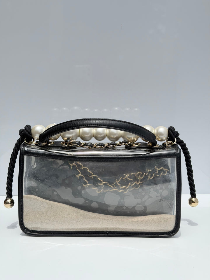 Chanel Sand By The Sea Pearl Strap Flap Bag PVC Black Light Gold Hardware 2019
