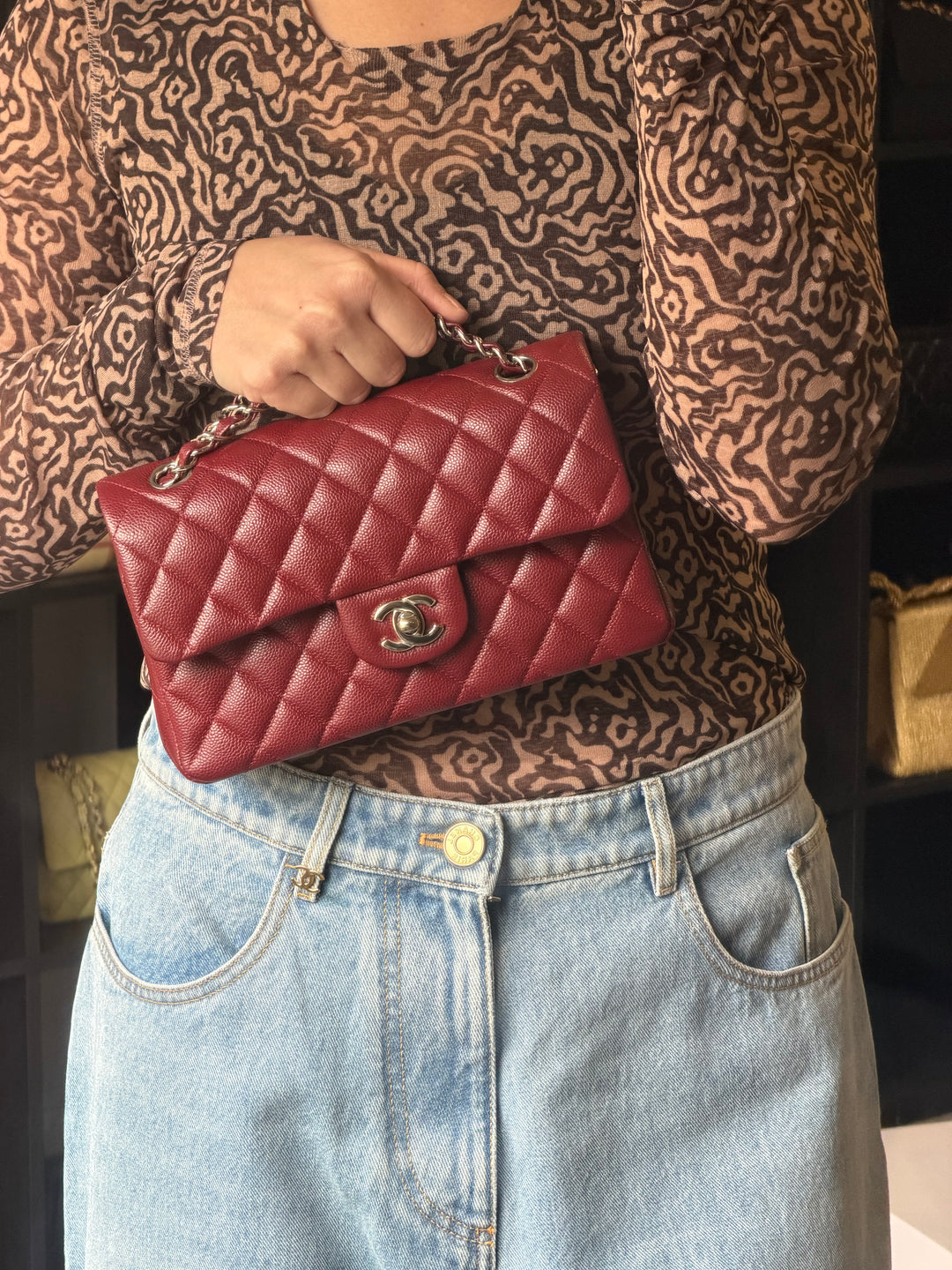 Chanel Small Classic Double Flap Caviar Burgundy Silver Hardware 2020