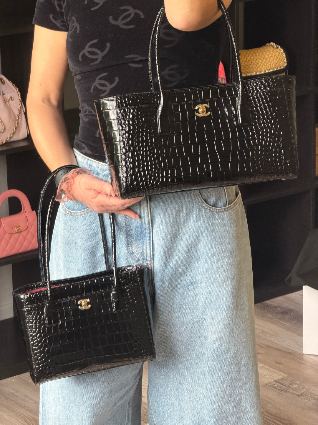 Chanel Mini Shopping Bag Crocodile Embossed Calfskin Black 2026