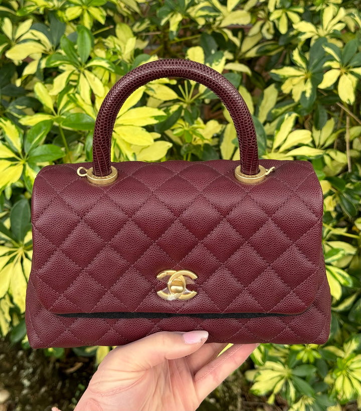 Chanel Small Burgundy Caviar Coco + Lizard Top Handle