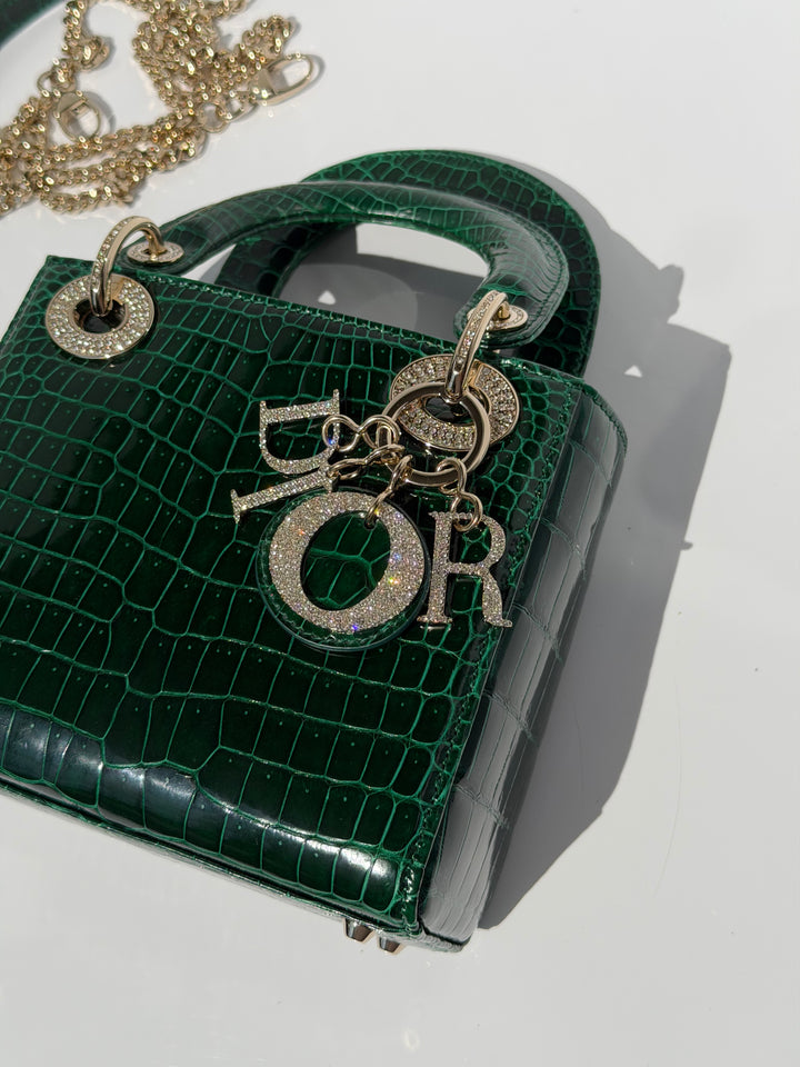 Dior Emerald Crocodile Mini Lady Dior Top Handle Diamond Gold Hardware 2022