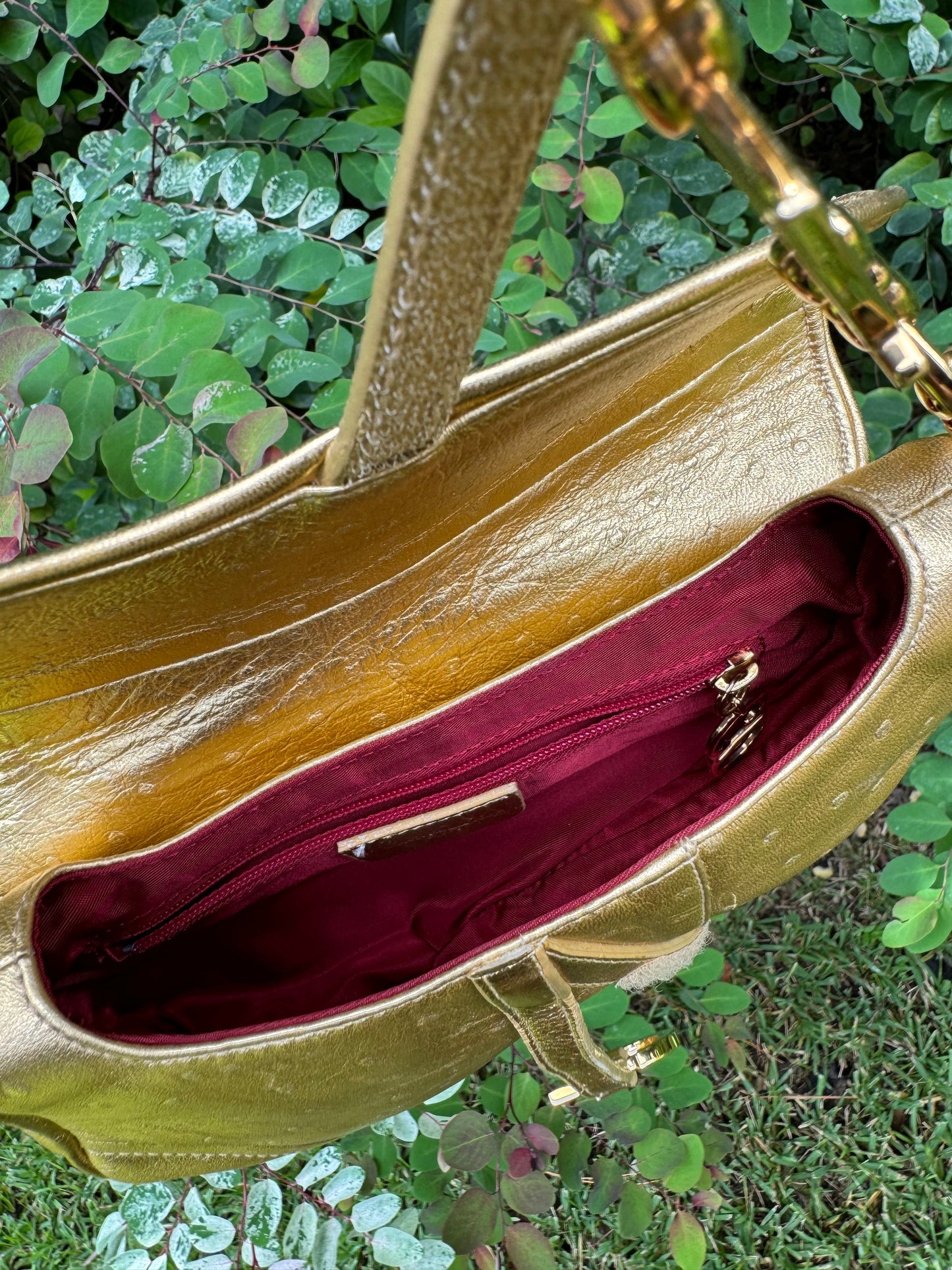 Christian Dior Metallic Gold Ostrich Saddle + Matching Pouch