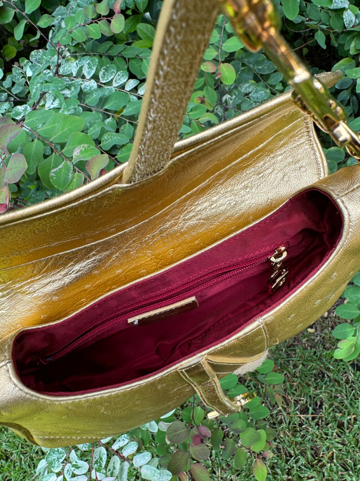 Christian Dior Metallic Gold Ostrich Saddle + Matching Pouch
