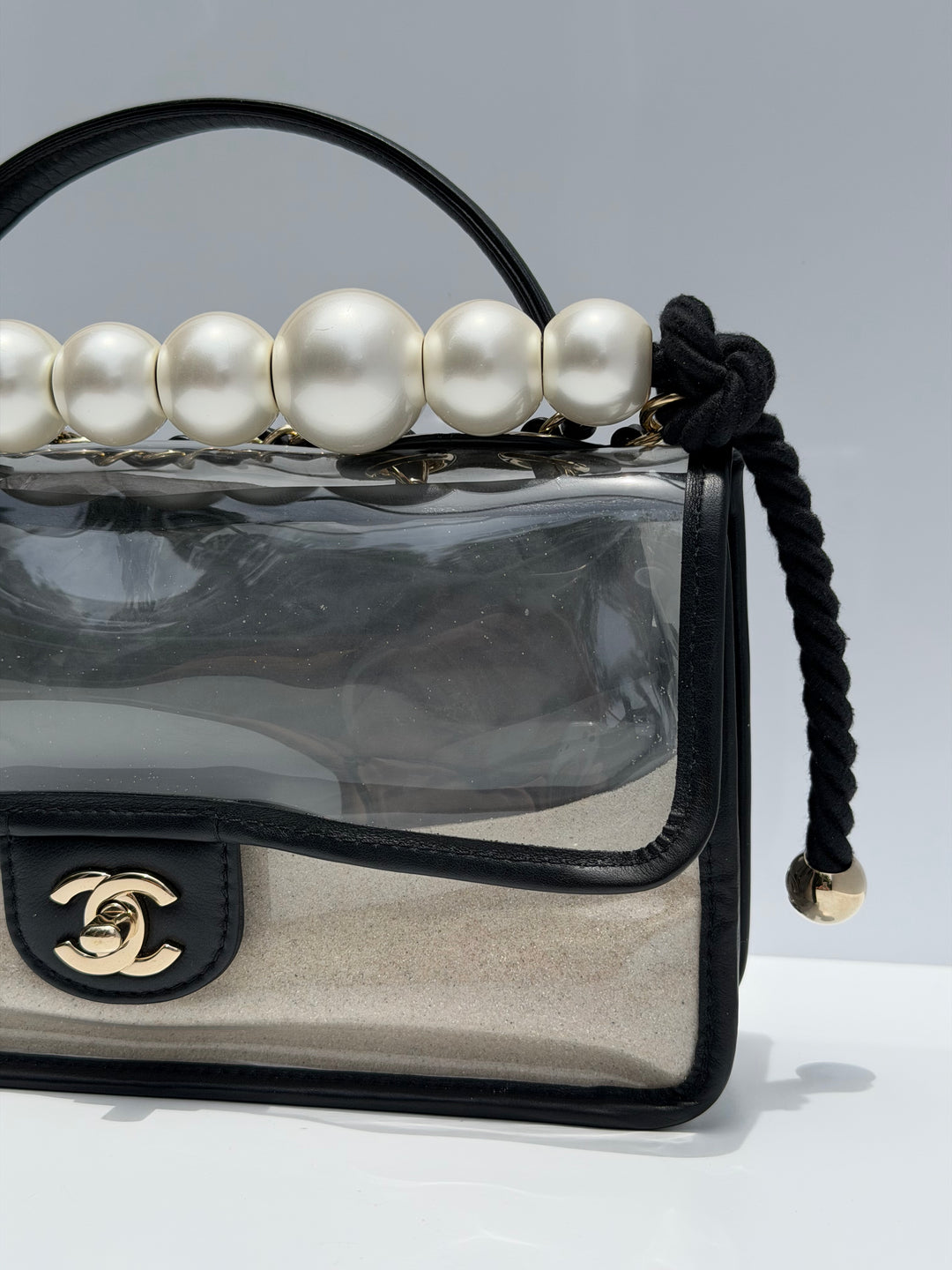 Chanel Sand By The Sea Pearl Strap Flap Bag PVC Black Light Gold Hardware 2019