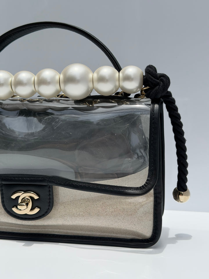 Chanel Sand By The Sea Pearl Strap Flap Bag PVC Black Light Gold Hardware 2019