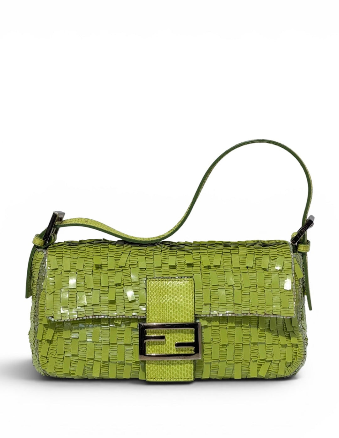 Fendi Lime Green Sequin Baguette Python Trim Silver Hardware 2000