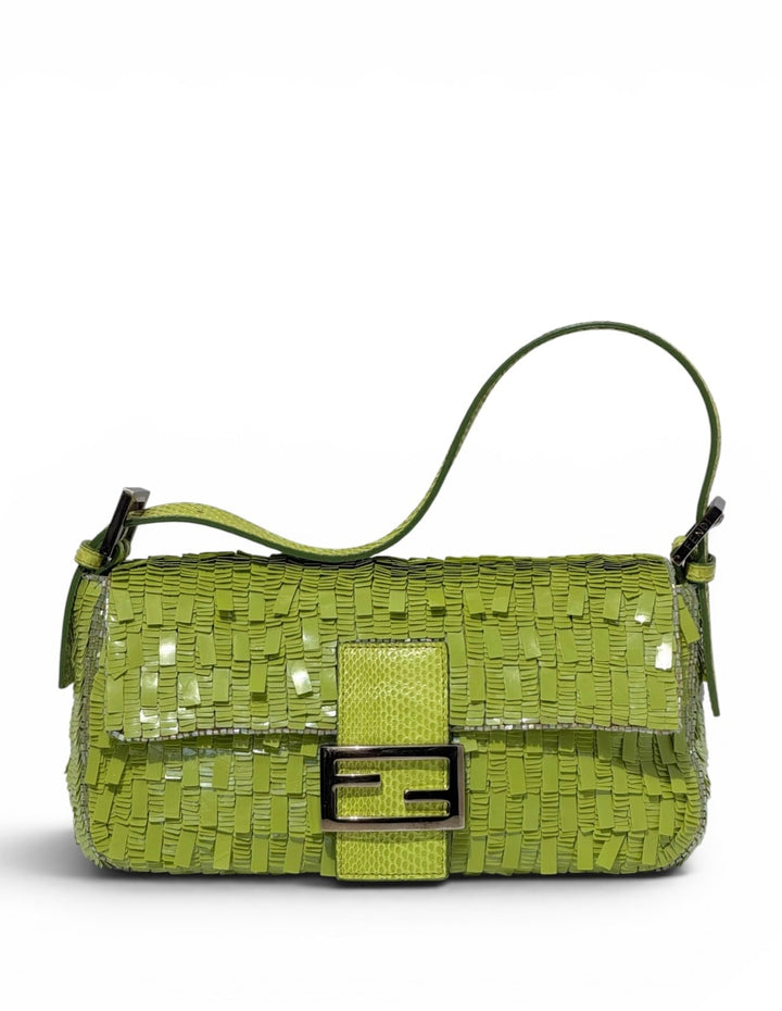 Fendi Lime Green Sequin Baguette Python Trim Silver Hardware 2000